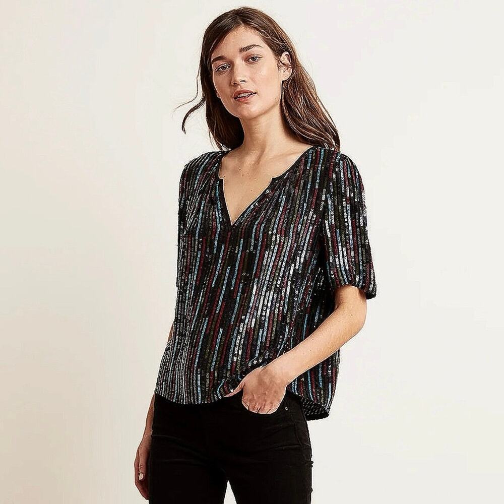 Velvet by Graham & Spencer Multicolor Sequin Metallic Short Sleeve Blouse Top XL